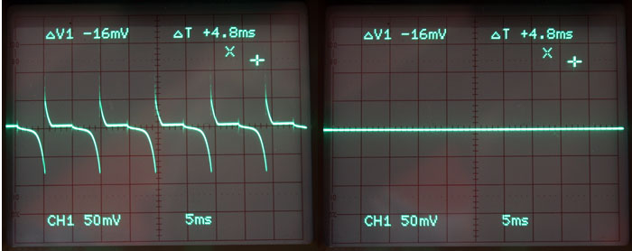 Oscilloscope showing voltage spikes from centre tap.